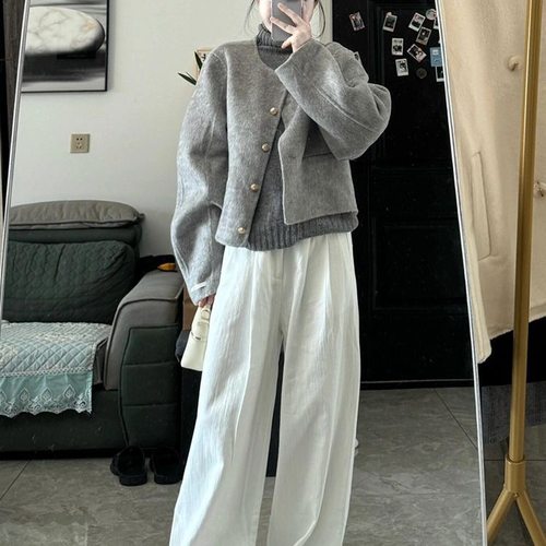 韩系感加厚灰色外套女秋冬季2025新款小个子香风呢子大衣氨纶