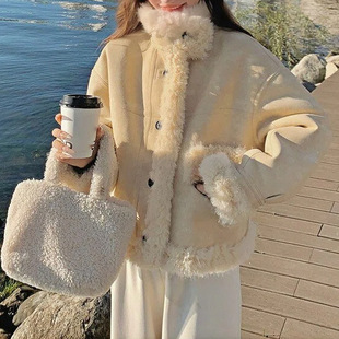 加厚保暖双面穿皮毛一体棉服 新款 复古立领麂皮绒外套女装 2025冬季