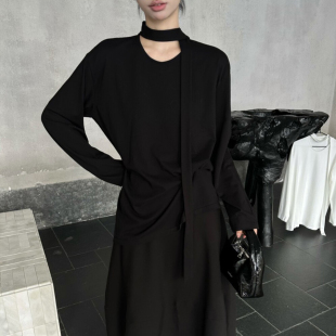 慵懒风u领打底衫 外穿洋气宽松韩版 女飘带上衣秋 t恤女2025新款 长袖