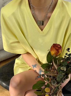 垫肩t恤女短袖夏季纯棉正肩v领t恤女宽松显瘦长款t恤女遮屁股上衣