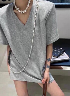 灰色正肩t恤女v领短袖大码宽松纯棉垫肩t恤女直角肩显瘦半袖上衣