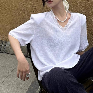 正肩v领t恤女2026新款 t恤女洋气蕾丝花边上衣夏 宽松纯棉垫肩短袖