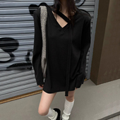 飘带领打底衫 女加厚磨毛宽松v领正肩女t恤中长款 遮屁股垫肩上衣冬