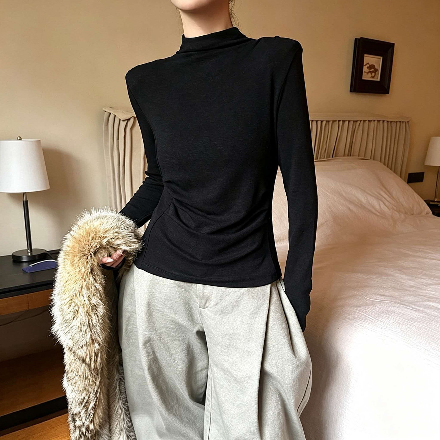 半高领打底衫女内搭褶皱收腰显瘦长袖t恤微弹软糯针织垫肩上衣秋