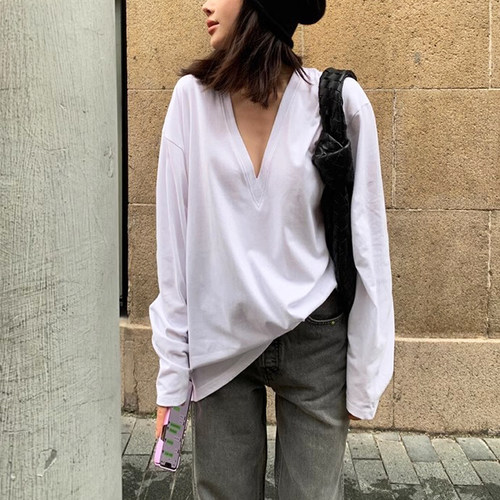 中长款加厚磨毛纯棉长袖V领t恤女
