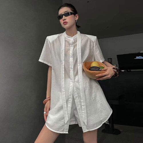 短袖中长款遮屁股垫肩衬衫女宽松