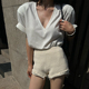 洋气韩版 v领短袖 时尚 夏季 简约纯色性感慵懒垫肩上衣 t恤女2026新款