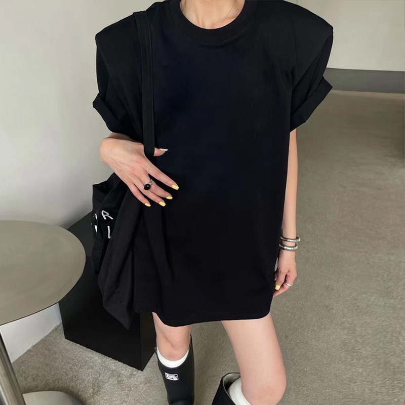 正肩长款短袖t恤女2026新款夏季大码宽松纯棉遮肉显瘦垫肩上衣