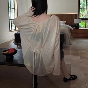 2026夏季新款长袖防晒衫女薄款宽松慵懒风露背绑带设计感t恤上衣