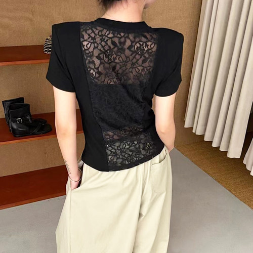 夏季修身显瘦蕾丝垫肩短袖t恤女