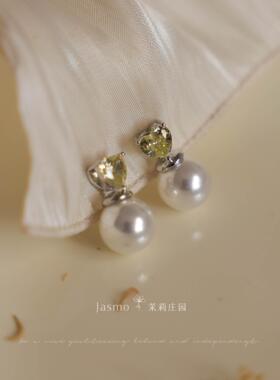清新绿色珍珠气质银针耳钉耳环女