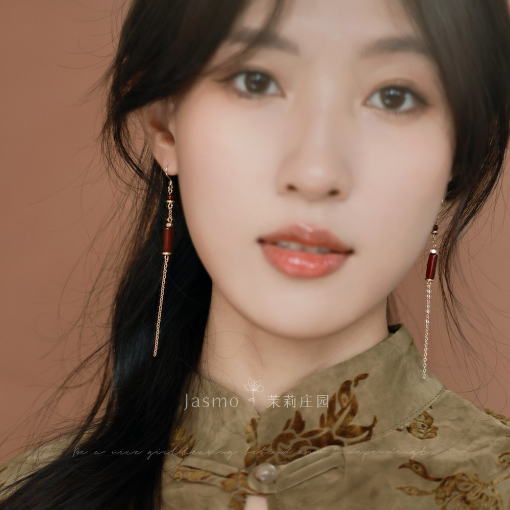 窗花剪影Jasmo原创设计新中式红色红玛瑙长款流苏耳钩耳环耳夹女,饰品/流行首饰/时尚饰品新,耳环,淘宝优惠券,粉丝福利购,淘宝优惠卷