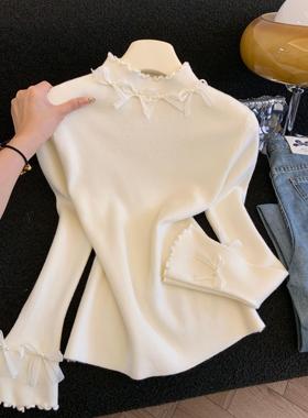 独特绝美钉珠蝴蝶结打底衫女冬法式喇叭袖针织内搭修身上衣53472