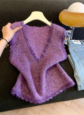 马甲高级v领花边亮片套头针织衫女时尚气质百搭叠穿坎肩上衣53496