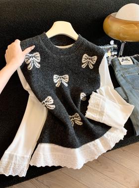 新款温柔慵懒风蝴蝶结圆领无袖针织毛衣女背心马甲+打底套装53617