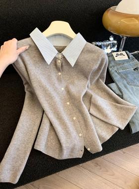 新款气质拼接纯色翻领假两件开衫针织衫女冬季毛衣女53625