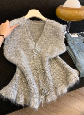韩系独特漂亮V领立体花针织衫女2025秋冬蝴蝶结打底马甲毛衣53494