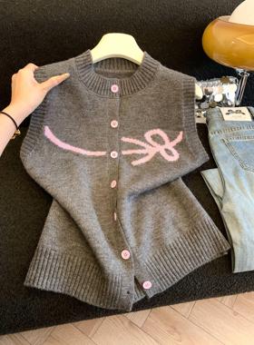 撞色蝴蝶结针织马甲开衫女冬款时尚设计感洋气宽松坎肩毛衣53650