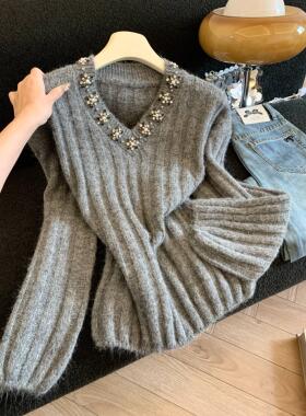 2025年高级感宽松慵懒风重工镶钻软糯毛衣女冬季针织上衣53276