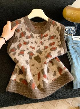 圆领豹纹无袖设计感针织马甲女2025秋冬新款百搭通勤上衣53499