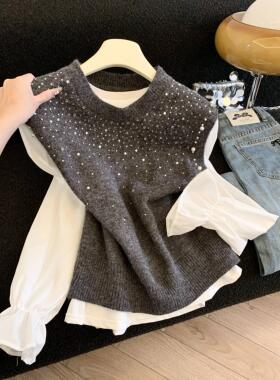 冬季新款圆领亮片钉珠无袖针织马甲女+长袖打底衬衫两件套53606