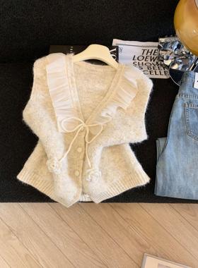 2025系带蝴蝶结V领针织马甲开衫女冬季新款温柔叠穿小上衣53323