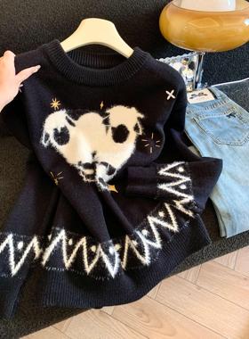 韩版甜美小羊提花黑色毛衣女秋冬宽松慵懒保暖针织套头上衣53088
