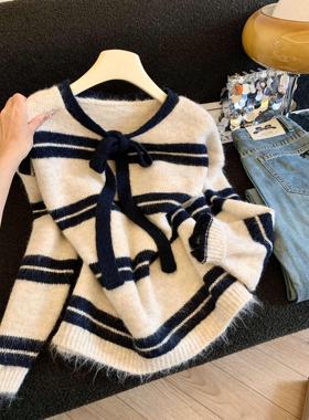 法式百搭通勤撞色条纹飘带针织毛衣女秋冬高级感长袖上衣53046