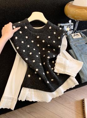 日系波点无袖背心女秋冬针织叠穿马甲软糯+长袖打底两件套女53598