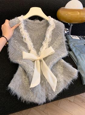 新款温柔风蕾丝拼接V领针织开衫女春季无袖坎肩减龄马甲上衣53539