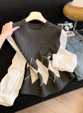 菱形格针织长袖拼接设计感小众学院风减龄套头圆领叠穿上衣53557