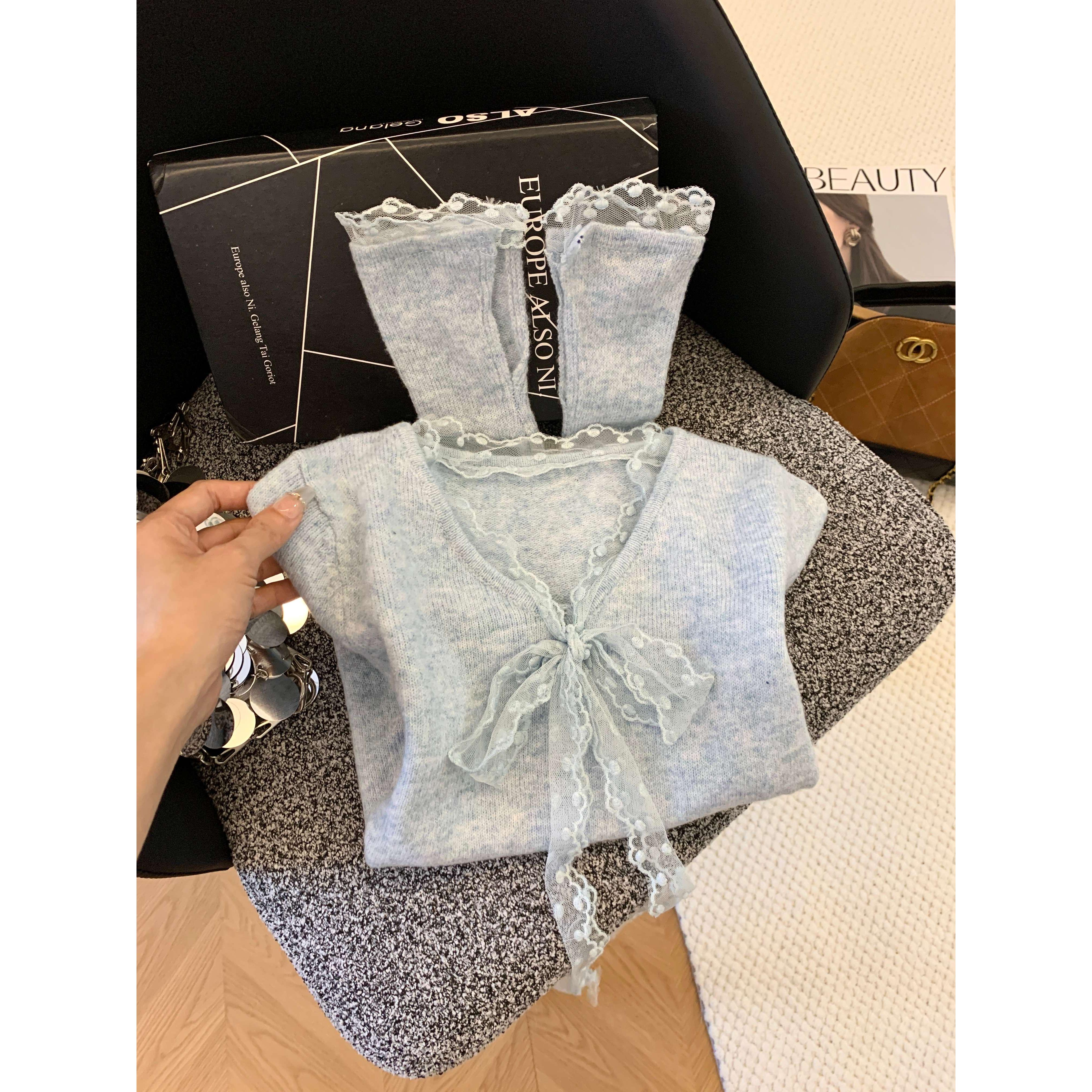 蝴蝶结蕾丝拼接V领针织打底衫女不规则下摆内搭毛衣 50568