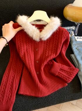 2025冬新款仿狐狸毛领针织衫女法式软糯麻花宽松长袖毛衣女53482
