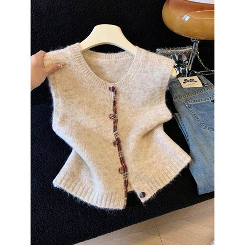 韩系女复古文艺纽扣针织马甲日系无袖毛衣外套背心开衫叠穿50688