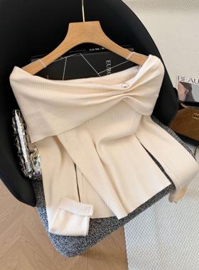 早秋季设计感甜美蝴蝶结显瘦外穿长袖气质优雅一字领针织衫 36927