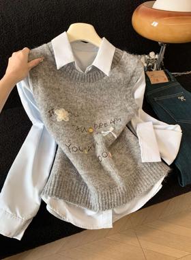 新款日系小清新甜美花朵针织马甲+翻领长袖衬衫两件套上衣女53425