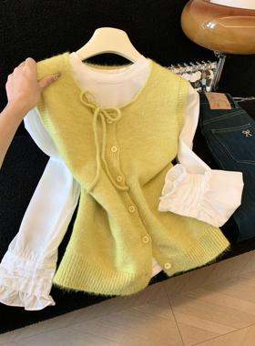 简约圆领拼接袖长袖小衫+宽松单排扣休闲针织马甲套装女冬季53517