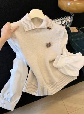 学院风假两件针织衫女春款设计感小众衬衣袖拼接修身上衣53537