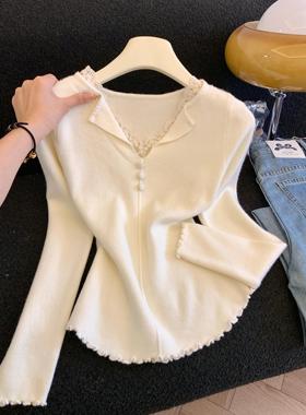 假两件蕾丝V领打底衫女秋冬内搭外穿木耳边针织衫上衣女53471