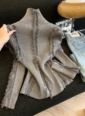 秋冬款毛边流苏毛衣女长袖洋气内搭紧身打底针织衫高领上衣53270