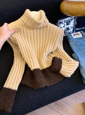 拼色针织衫秋冬季新款女慵懒短款高领加厚设计感套头毛衣38508