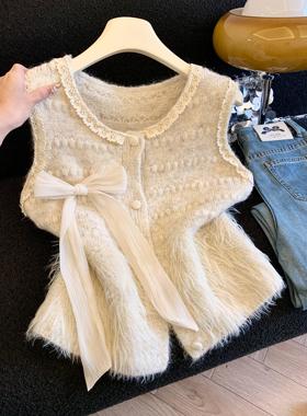 甜辣妹蝴蝶结女2025秋款软糯针织背心马夹法式无袖小上衣53271