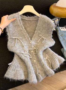 韩系针织背心马甲女无袖V领蝴蝶结装饰百搭显瘦遮肉宽松女装53325