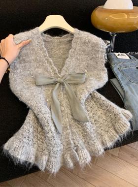 蝴蝶结V领针织马夹开衫女冬季韩系独特漂亮毛衣打底马甲上衣53542