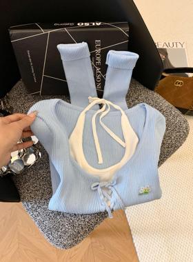 假两件甜辣挂脖针织衫女内搭纯欲色毛衣打底衫辣上衣 36036