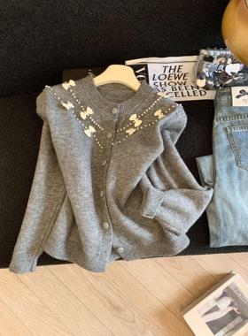 甜美风蝴蝶结钉珠开衫女冬韩系简约百搭休闲氛围感软糯毛衣53627