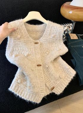 秋冬新款无袖开衫马甲女圆领背心叠穿毛衣宽松盘扣针织坎肩53532