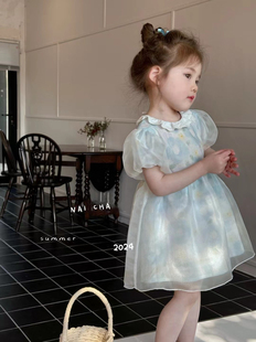 女童连衣裙儿童洋气纯棉娃娃领短袖 2024夏季 蓝色印花连衣裙公主裙
