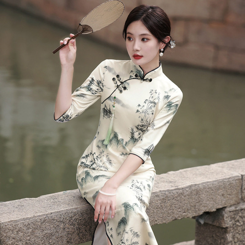 改良版新品国风旗袍女2026年春季江南苏州五分袖水墨画连衣裙旗袍