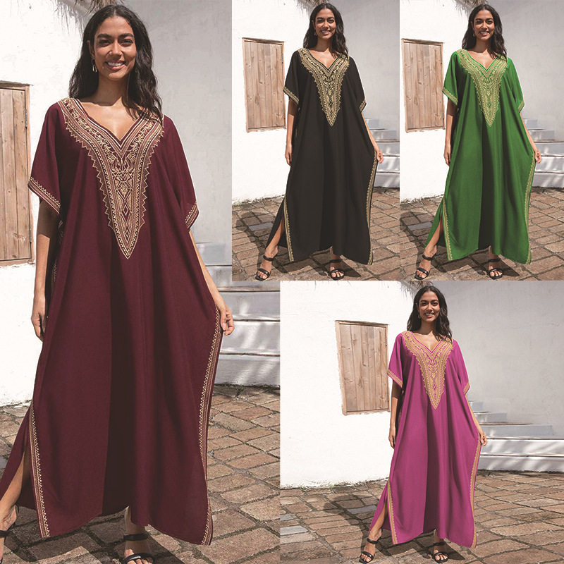 外贸欧美度假新款防晒人棉绣花大码沙滩比基尼泳衣罩衫连衣长裙女